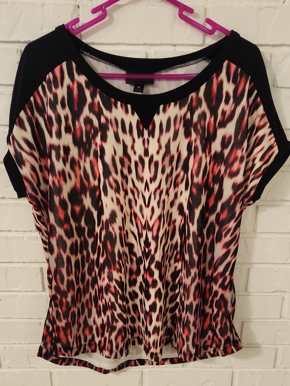 Worthington Animal Print Short Sleeve Top with Black Accents